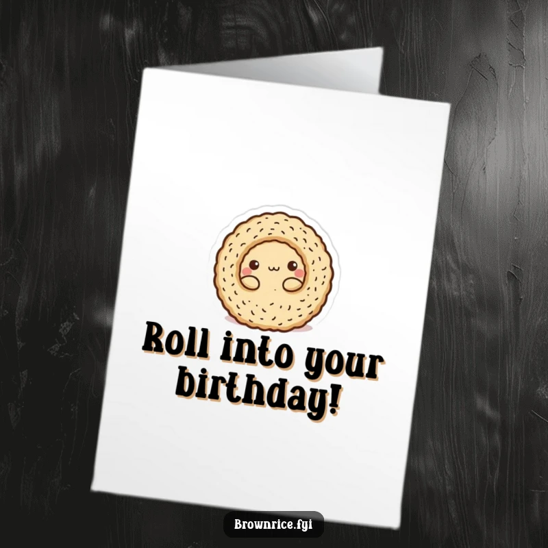 Funny Free Printable Birthday Card: Brown rice character playfully rolled into a small, round ball.