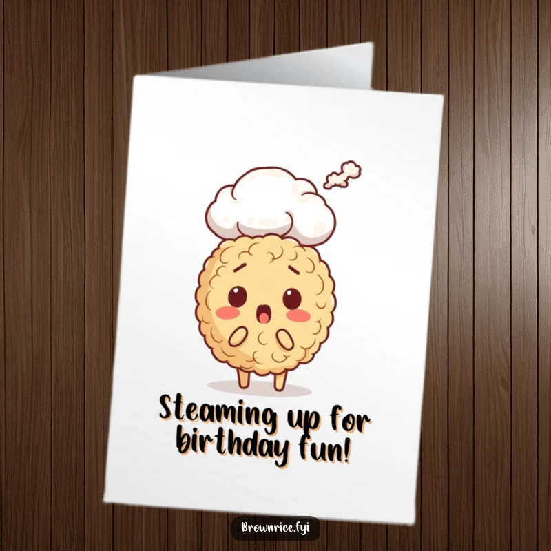 Funny Free Printable Birthday Card: Brown rice character looks surprised as a comical steam cloud erupts, a wonderfully downloadable surprise.