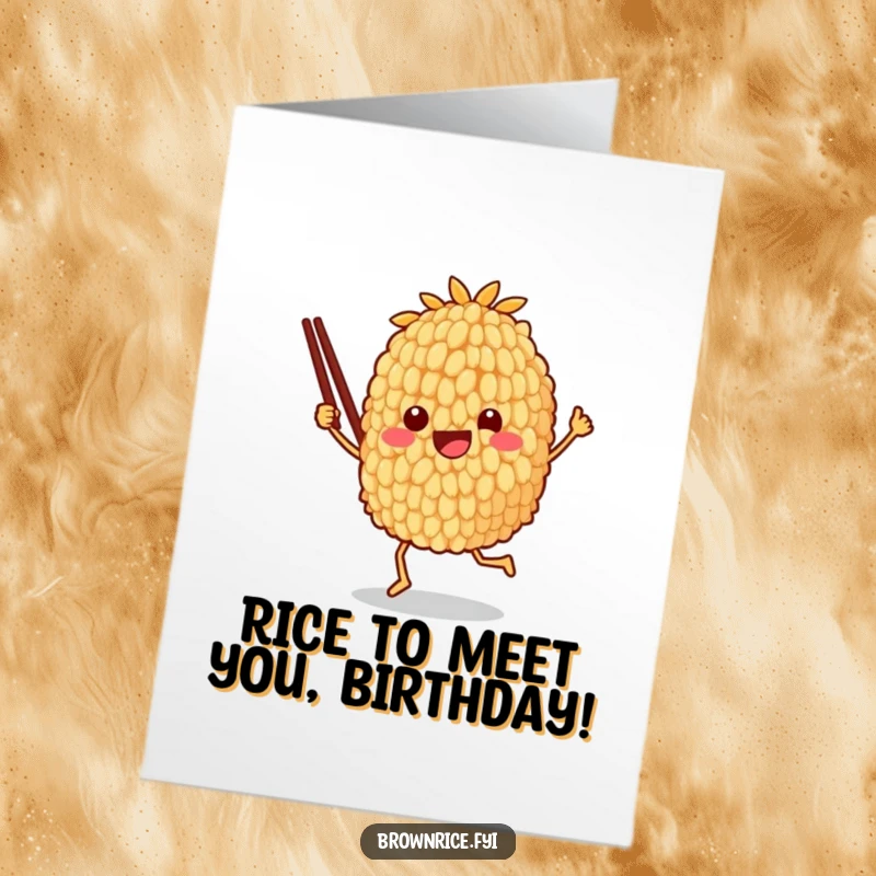 Funny Free Printable Birthday Card: Anthropomorphic brown rice grain joyfully dances with chopsticks, ready to party.