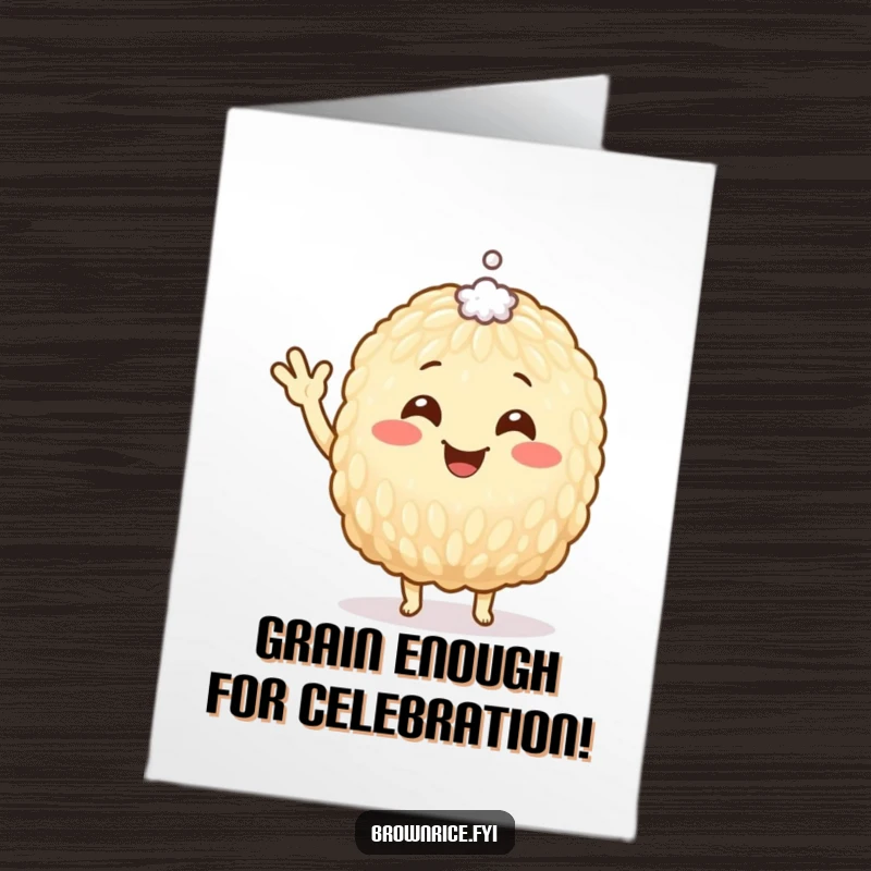 Funny Free Printable Birthday Card: A smiling brown rice grain character happily waving with a tiny salt speck on its head, ready to party.