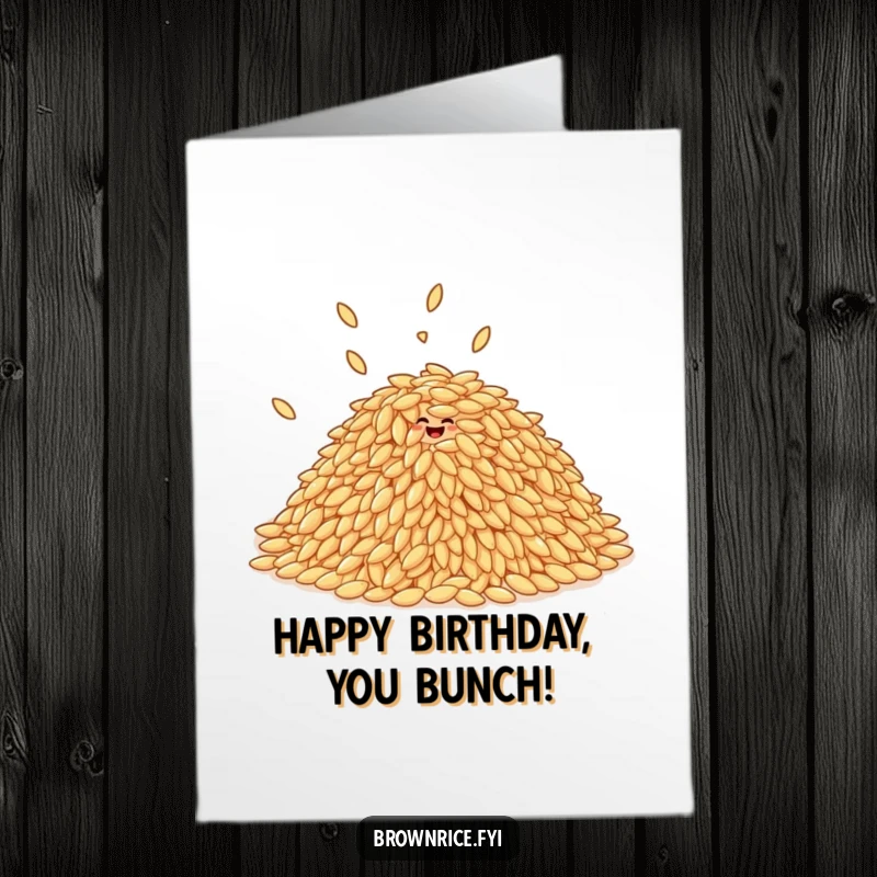Funny Free Printable Birthday Card: A pile of brown rice grains playfully giggling and bouncing together with infectious glee.