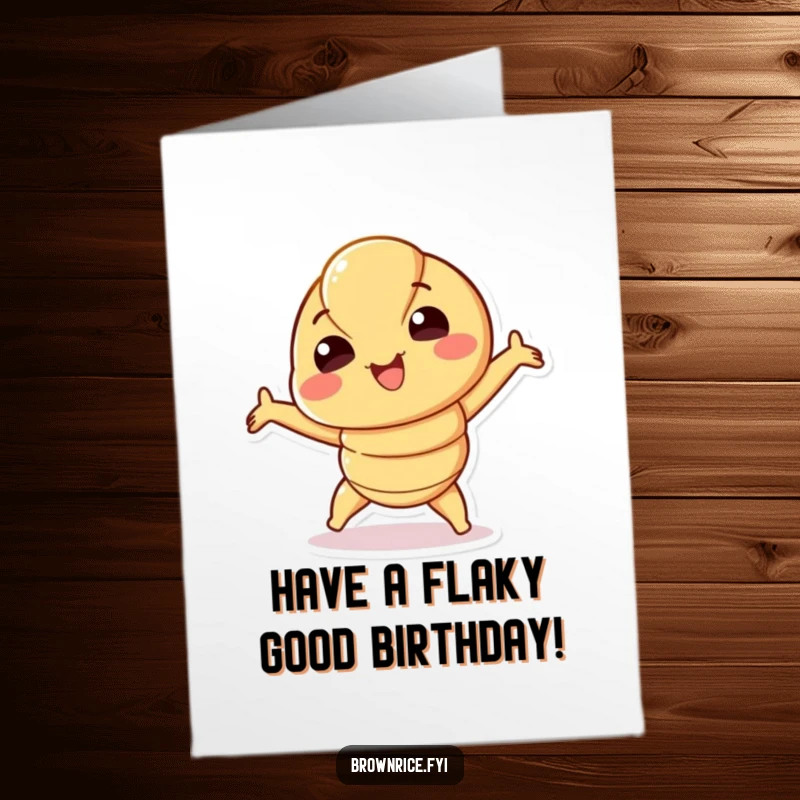 Funny free printable birthday card with a smiling croissant character playfully stretching, ready to unfurl birthday wishes with buttery delight.