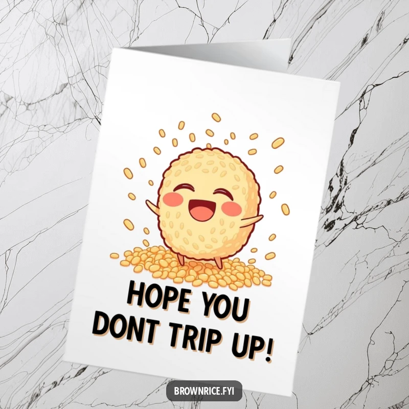 Funny Free Printable Birthday Card: A laughing brown rice character trips, scattering grains in a playful, chaotic explosion for a birthday bash.