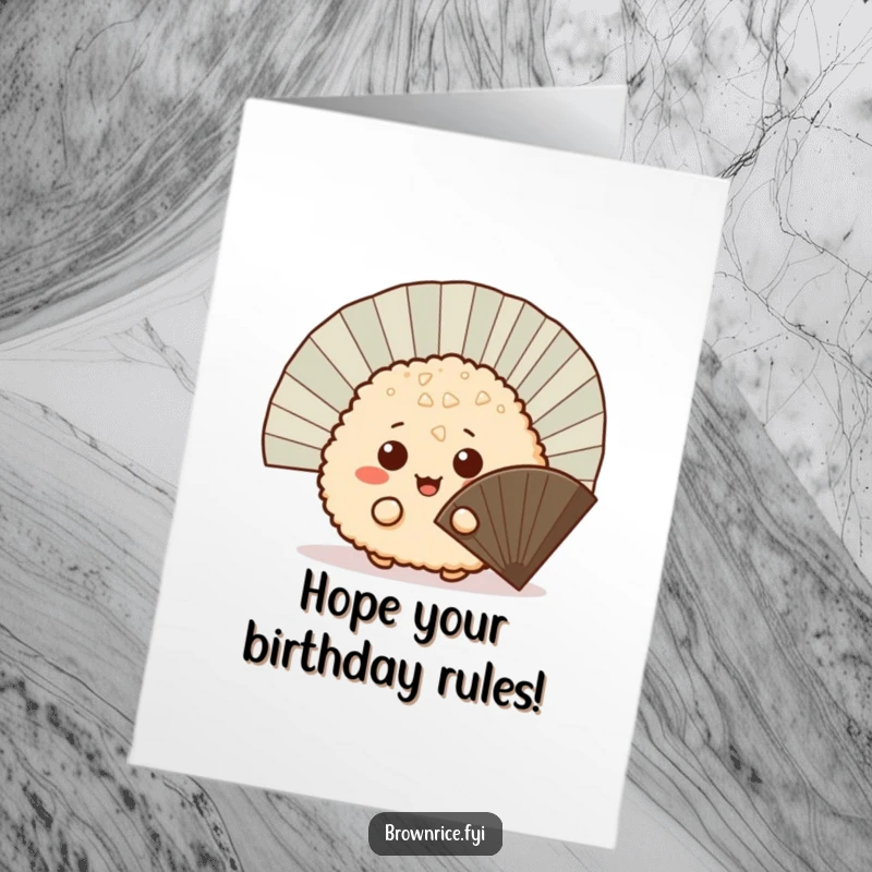Funny Free Printable Birthday Card: A mischievous brown rice ball peeking curiously from behind a fan. Playful surprise.