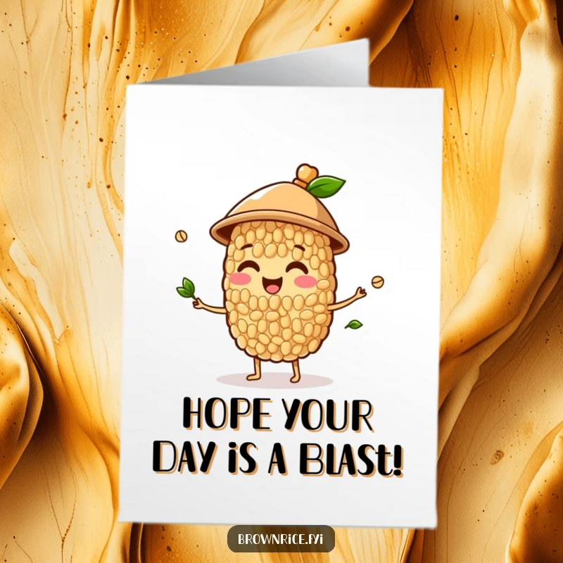 Funny Free Printable Birthday Card: A happy brown rice grain character wearing a hat, juggling small sprouts with a cheerful expression.
