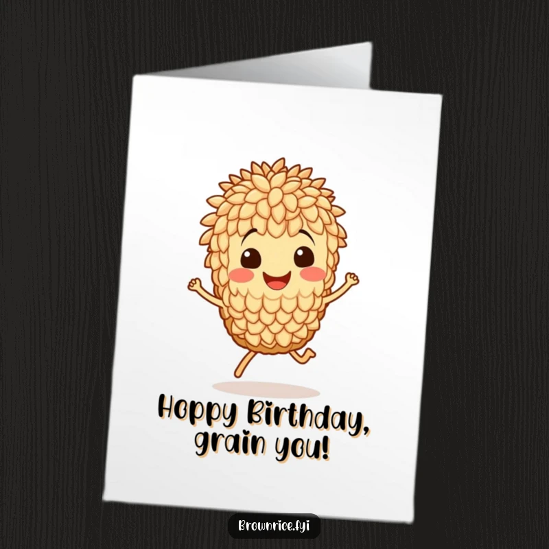 Funny Free Printable Birthday Card: Smiling brown rice grain character joyfully hopping, wishing a happy birthday. A fun downloadable greeting.