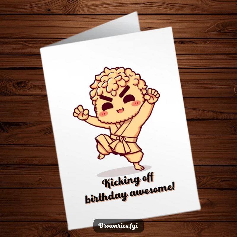 Funny Free Printable Birthday Card: Brown rice character performing a playful, high martial arts kick with energy.