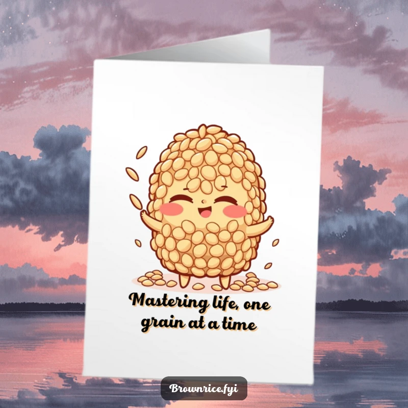 Funny Free Printable Birthday Card: Brown rice character winks while expertly juggling tiny rice grains, a masterful downloadable.
