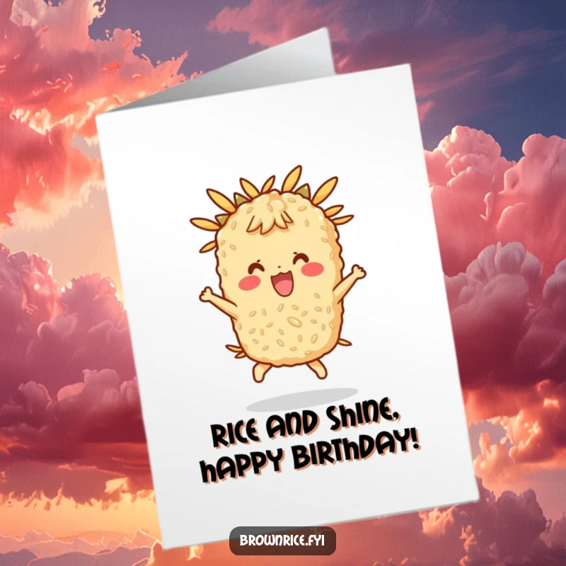 Free Printable Birthday Card: A brown rice character happily bouncing with energy, a fun and unique DIY greeting.