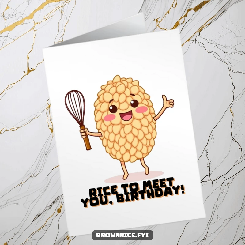 Funny Free Printable Birthday Card: Anthropomorphic rice grain triumphantly dancing with a whisk, radiating joy and celebration.