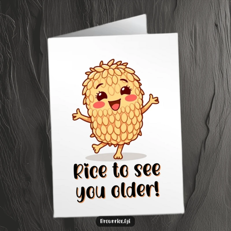 Funny Free Printable Birthday Card with a joyful brown rice grain character dancing with glee.