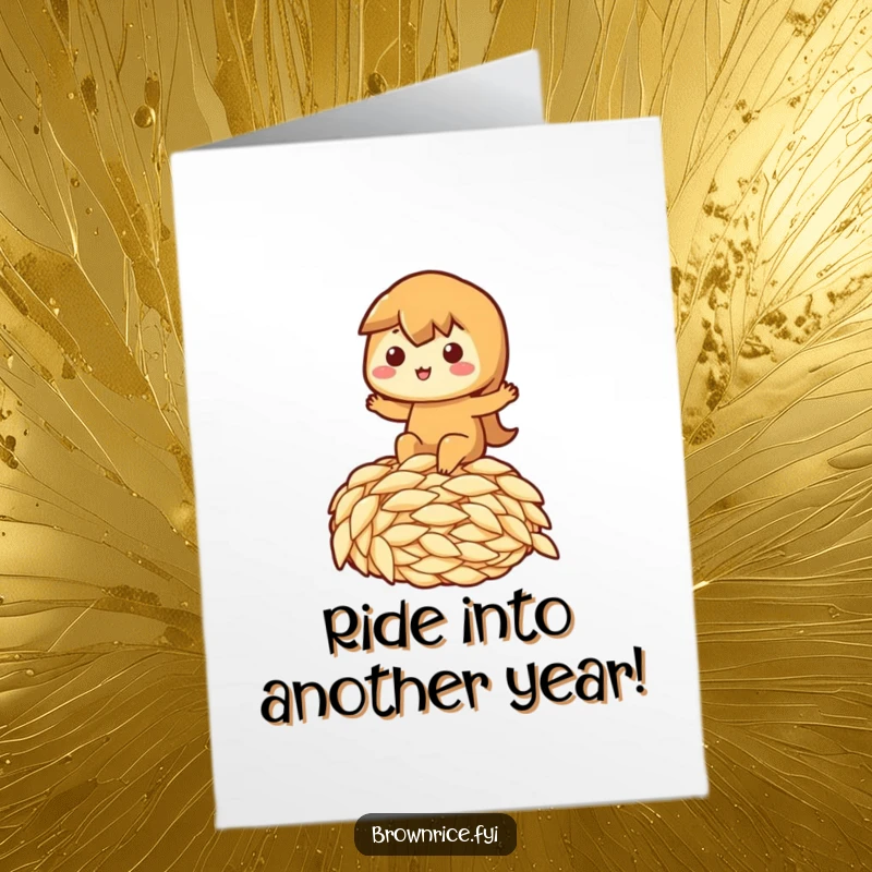 Funny Free Printable Birthday Card: Brown rice character gleefully riding a giant grain of rice, celebrating joyfully.