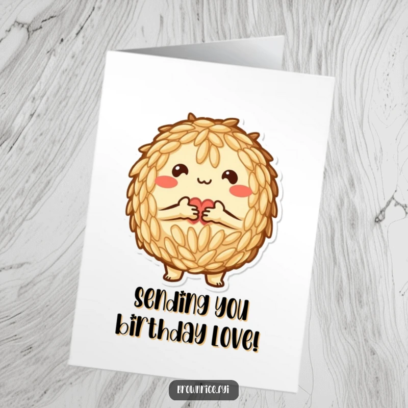 Funny Free Printable Birthday Card: Affectionate brown rice character making a heart shape with its grains.