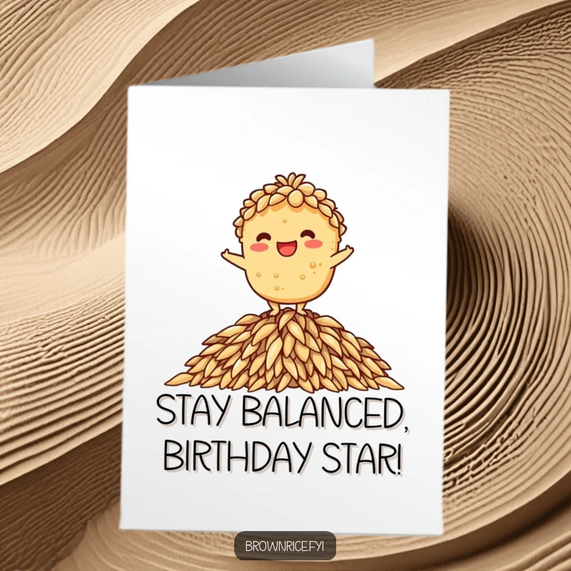 Funny Free Printable Birthday Card: Brown rice character grinning widely while balancing atop a pile of rice.