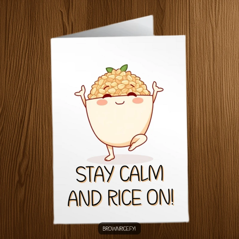 Funny Free Printable Birthday Card: A smiling bowl of brown rice character in a graceful yoga pose, radiating zen.