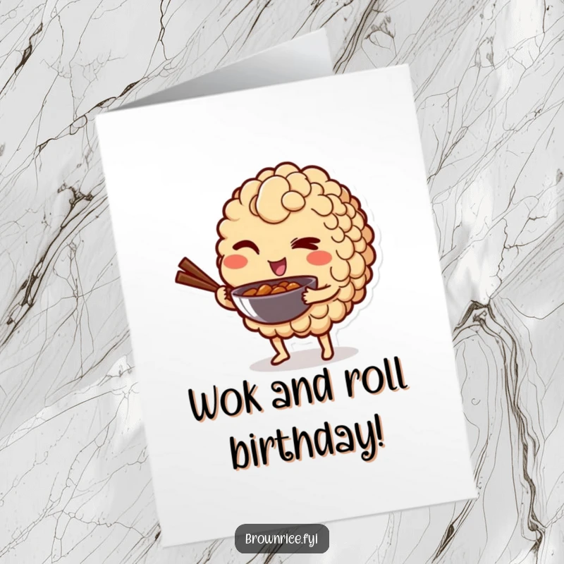 Funny Free Printable Birthday Card: Brown rice character winks mischievously while holding a tiny wok.