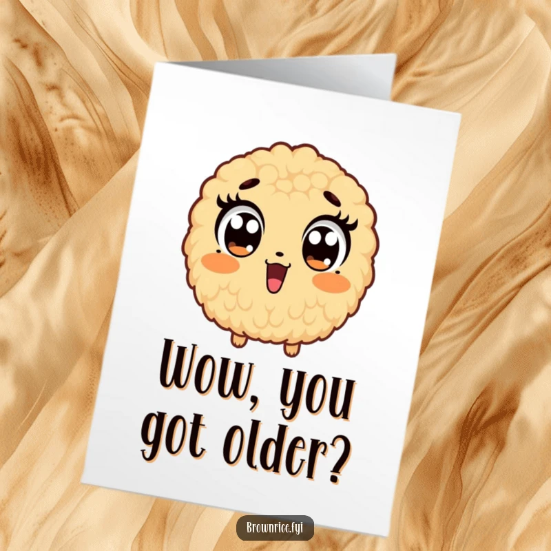 Funny Free Printable Birthday Card: A surprised brown rice grain character with wide eyes, reacting with shock. Hilarious downloadable greeting.