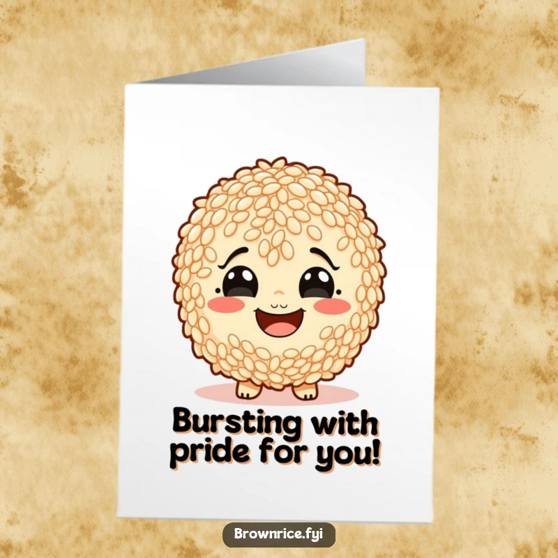 Funny Free Printable Congratulations Card: Brown rice character beaming with a wide, starchy smile.