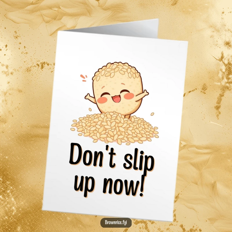 Funny Free Printable Congrats Card: Brown rice character comically slipping on a spill, capturing a funny moment.