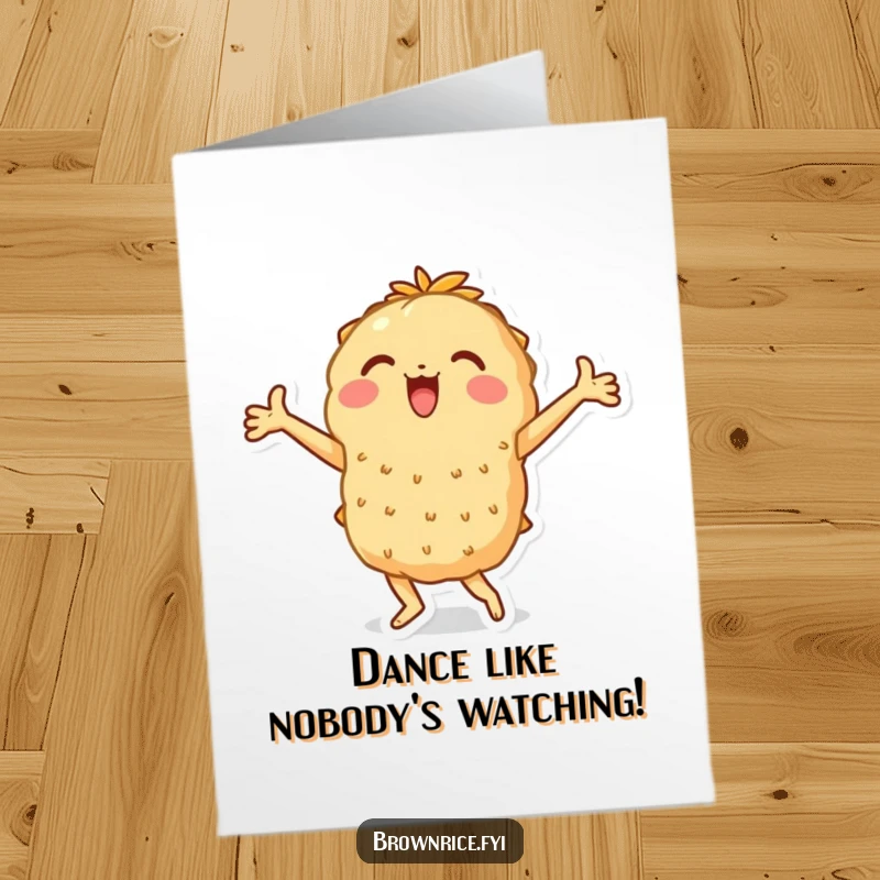 Funny Free Printable Congrats Card: Brown rice character performing a joyful dance with arms flair, celebrating success.