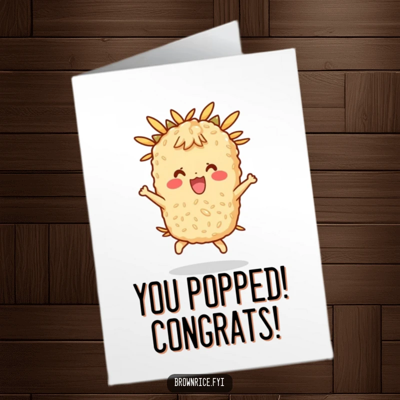 Free Printable Congratulations Card: A brown rice character bouncing with happiness, symbolizing pure joy, a downloadable gift.