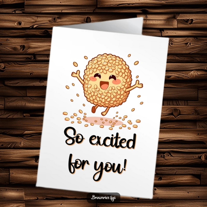 Funny Free Printable Congrats Card: Brown rice character bouncing joyfully, scattering grains in excitement.
