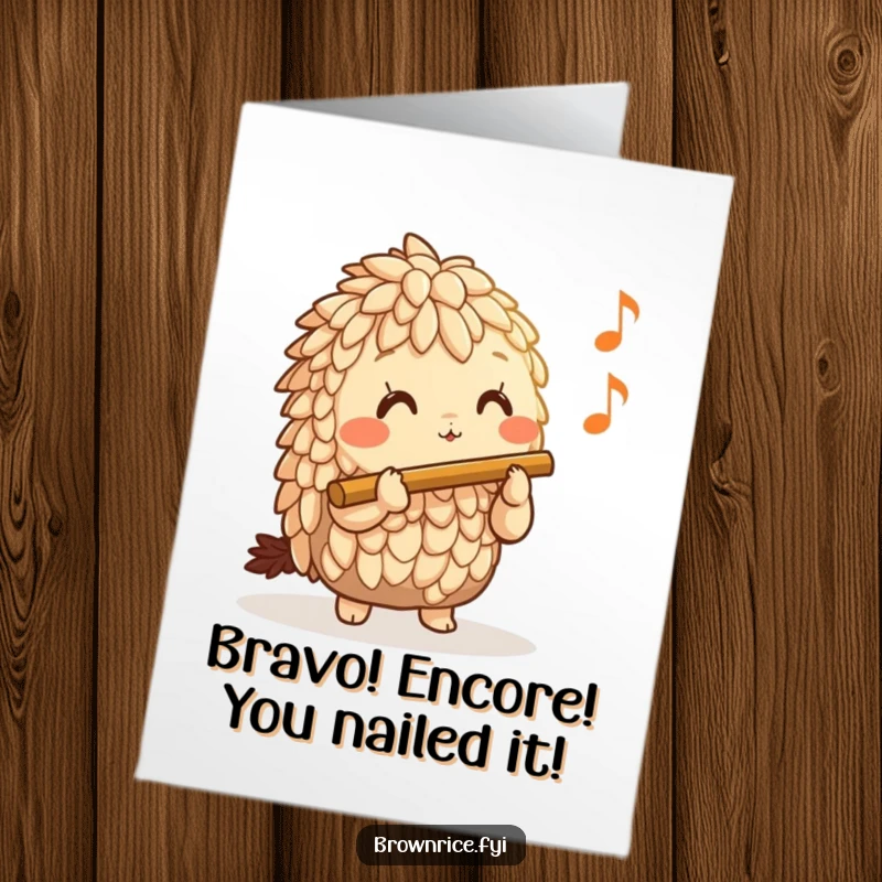 Funny Free Printable Congrats Card: Brown rice character happily plays a tiny flute to celebrate a wonderful achievement.