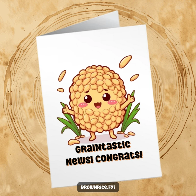 Funny Free Printable Congrats Card: Brown rice character skillfully juggling various grains of rice in celebration.