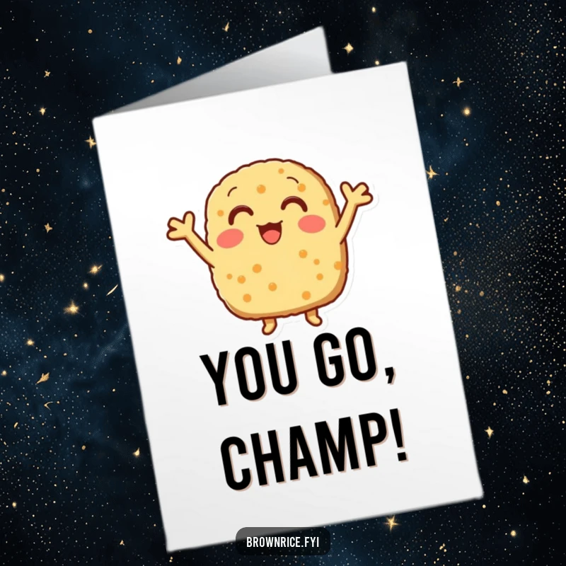 Funny Free Printable Congratulations Card: A brown rice patty with tiny arms enthusiastically cheering and celebrating a major achievement.