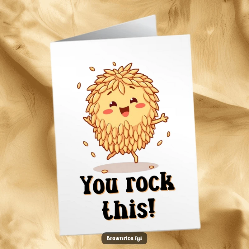 Funny Free Printable Congratulations Card: A happy brown rice cluster performing a lively jig, grains bouncing in celebration of an achievement.