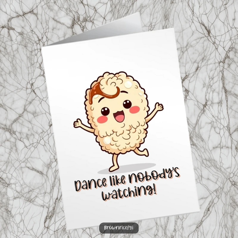 Funny Free Printable Congratulations Card: Brown rice character performing a silly dance with soy sauce.