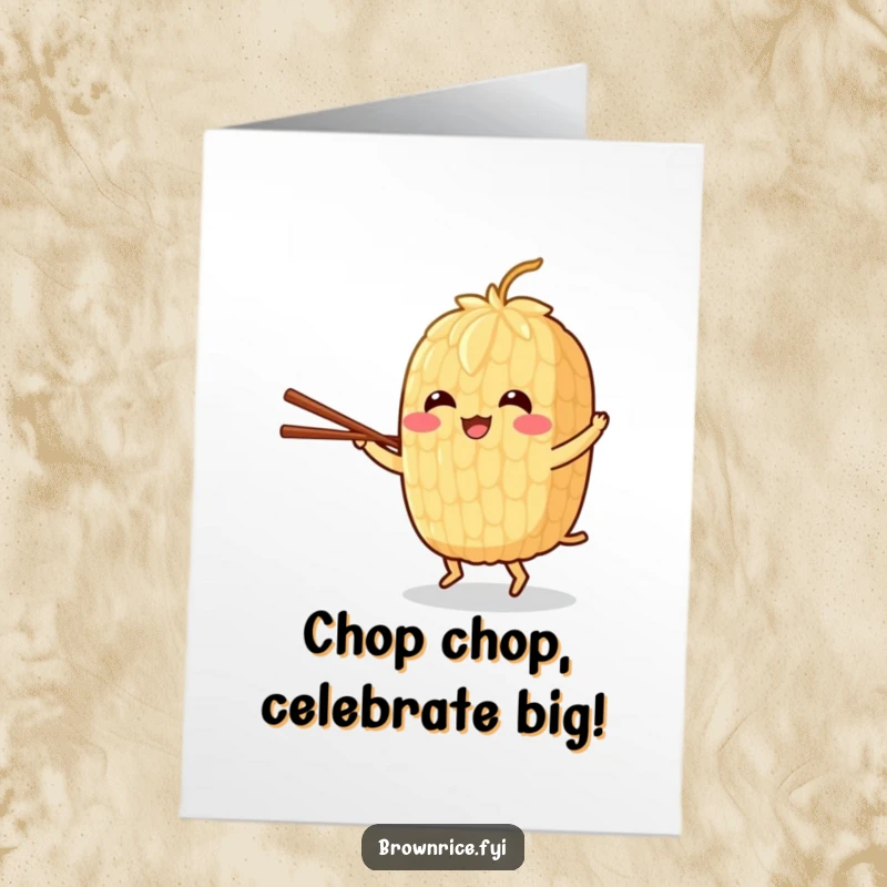 Funny Free Printable Congratulations Card: Cheerful brown rice grain character dancing with chopsticks, celebrating. Great downloadable art.