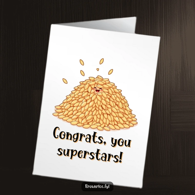 Funny Free Printable Congratulations Card: A group of brown rice grains giggling and bouncing together in a happy, festive manner.