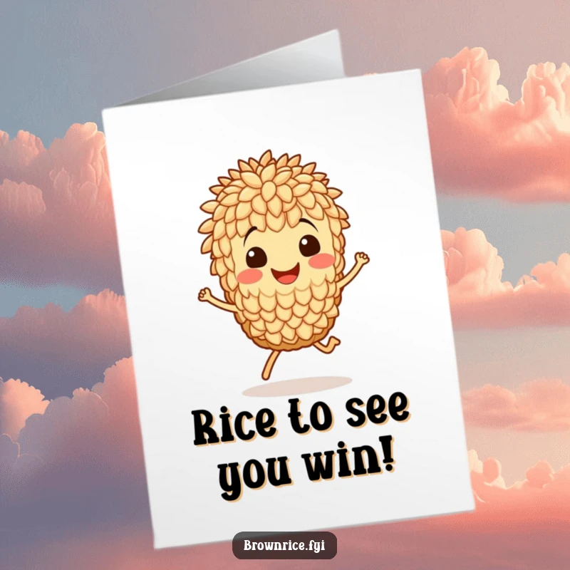 Funny Free Printable Congratulations Card: A smiling brown rice grain character doing a celebratory hop. Perfect downloadable congratulations.