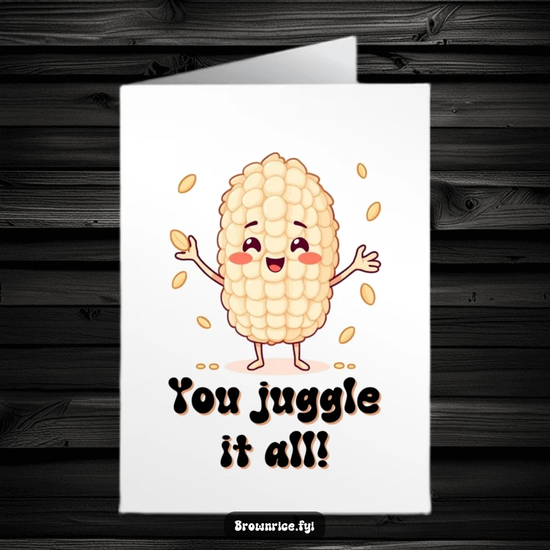 Funny Free Printable Congratulations Card: A cheerful grain of rice character juggling multiple smaller grains in a skillful, celebratory manner.