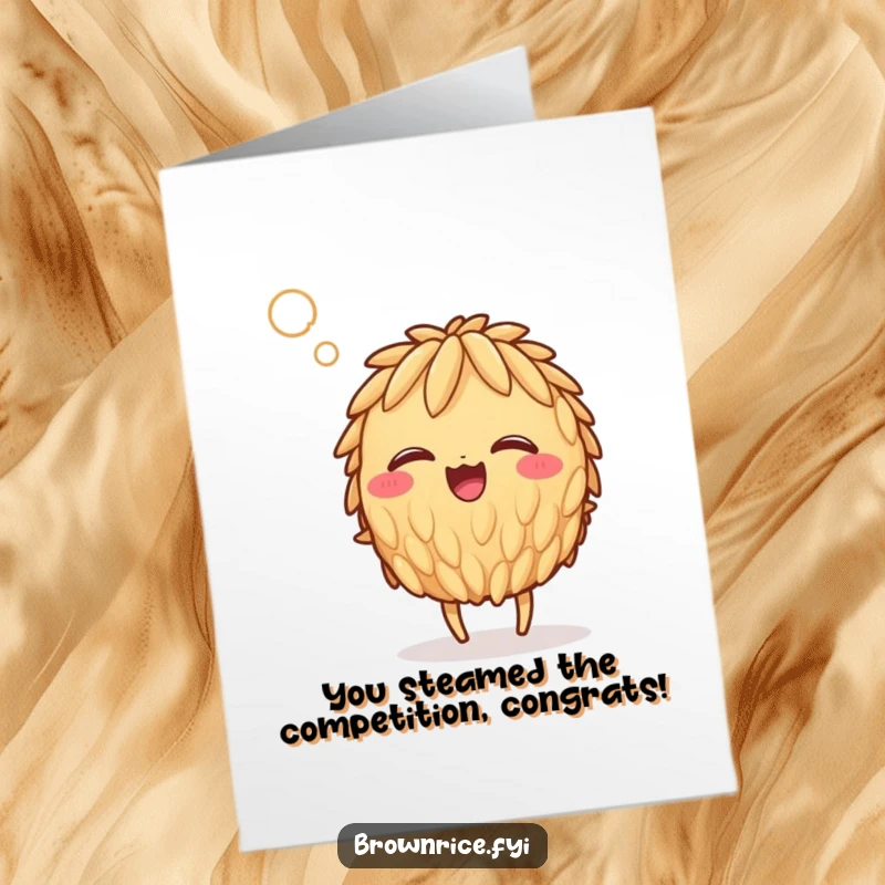 Funny Free Printable Congratulations Card: A giggling brown rice grain character caught in a whimsical gust of steam.