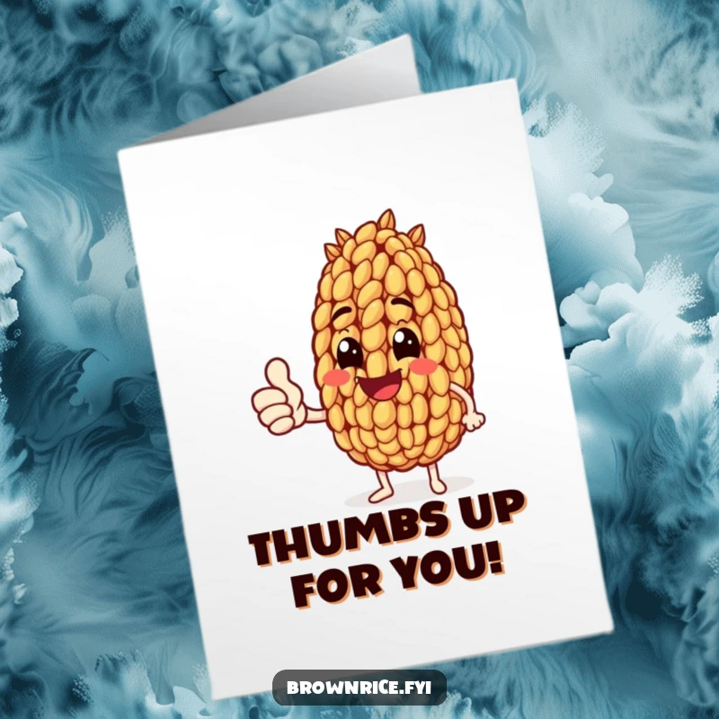 Funny Free Printable Congratulations Card: A happy brown rice grain character enthusiastically holds up a thumbs up, signifying great success.