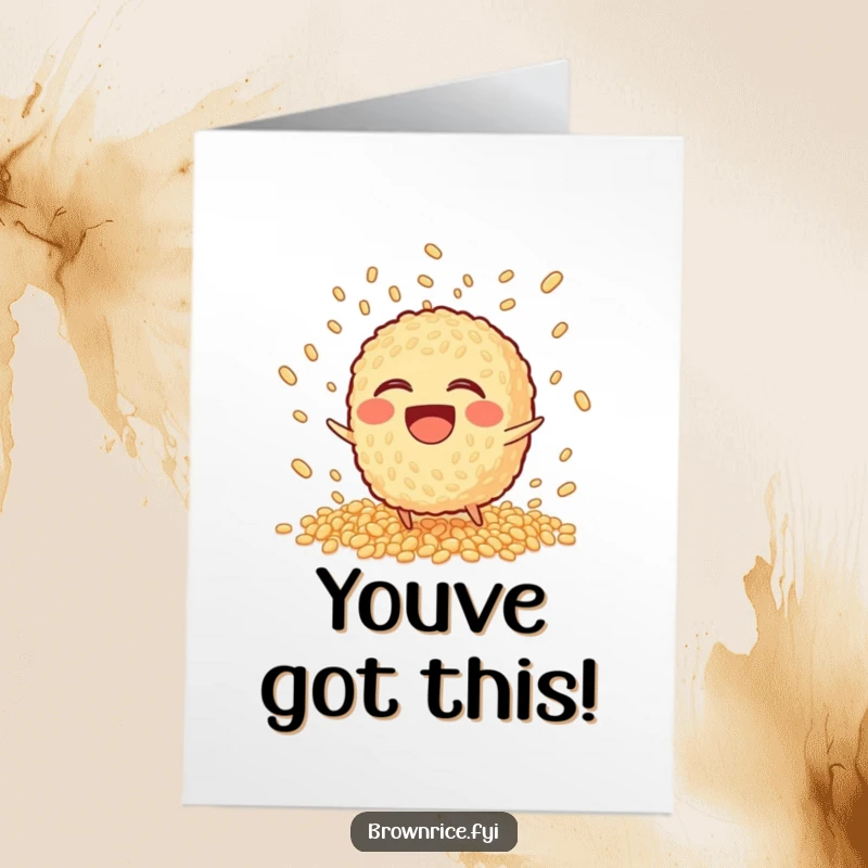 Funny Free Printable Congratulations Card: Laughing brown rice character trips, scattering grains in a humorous explosion, celebrating a chaotic victory.