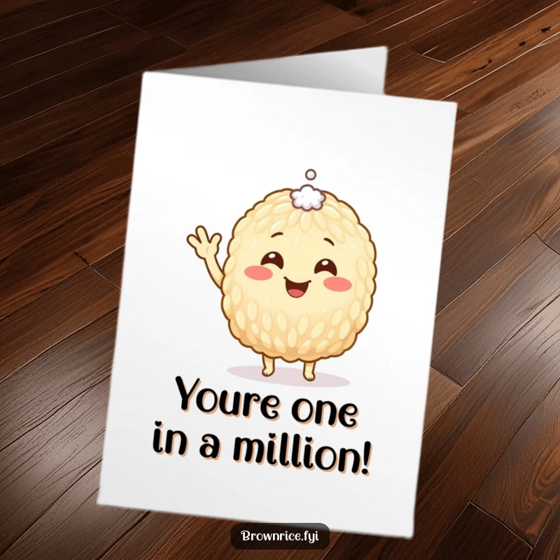 Funny Free Printable Congratulations Card: A happy brown rice grain character enthusiastically waving, symbolizing joyful congratulations and good fortune.