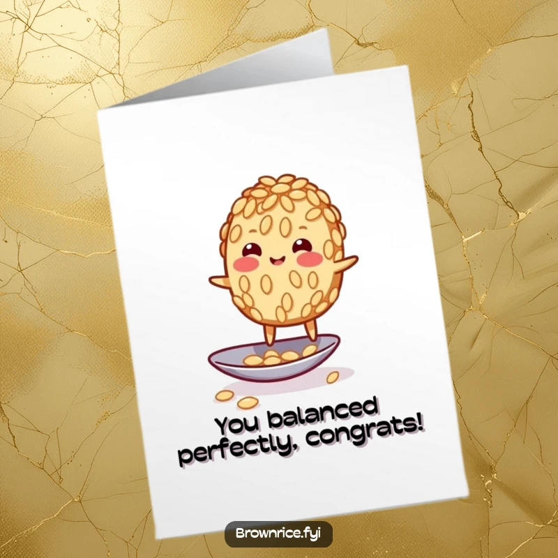 Funny Free Printable Congratulations Card: A wobbly brown rice grain character bravely balancing on the edge of a spoon.