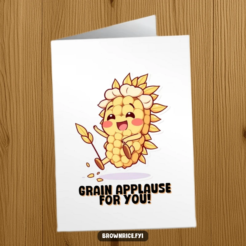 Funny free printable congratulations card with a happy oat grain character performing a silly stunt, celebrating wins with energetic, wholesome gusto.