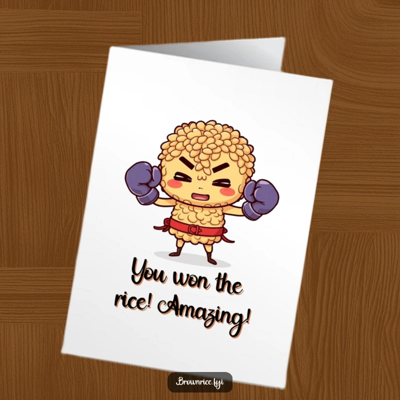 Funny Free Printable Congratulations Card: Brown rice character in boxing gloves, ready to fight, celebrating a win.