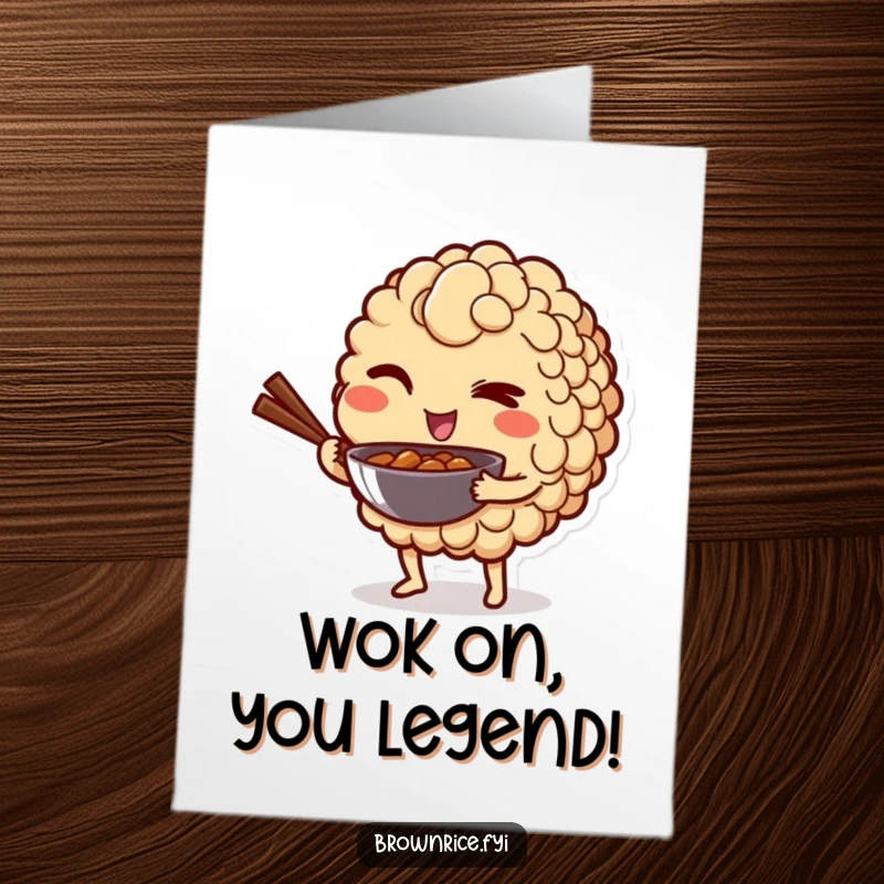 Funny Free Printable Congratulations Card: Brown rice character winks playfully while presenting a mini wok.