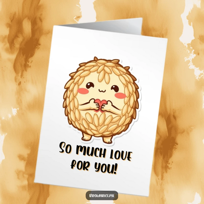 Funny Free Printable Congrats Card: Brown rice character forming a heart shape with grains, looking affectionate.