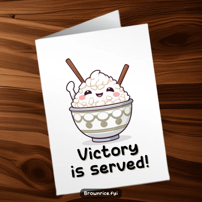 Funny Free Printable Congratulations Card: A cute bowl of rice character triumphantly holding chopsticks aloft, celebrating a major accomplishment.
