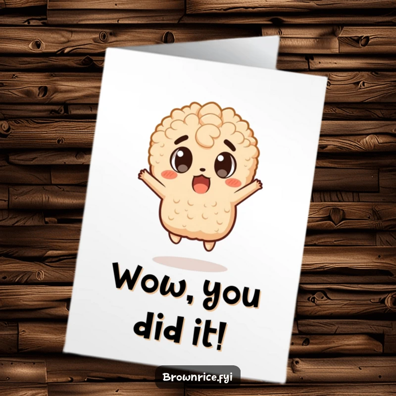 Funny Free Printable Congrats Card: Brown rice character jumping in shock and excitement, ideal for congratulations.