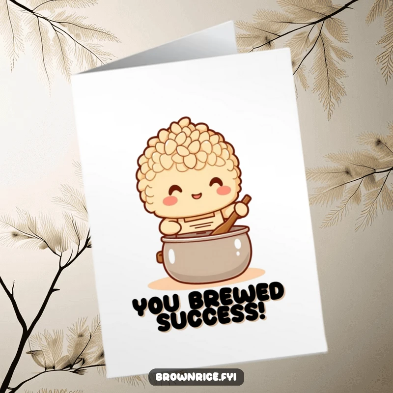 Funny Free Printable Congrats Card: Brown rice character wearing an apron, happily stirring a pot.