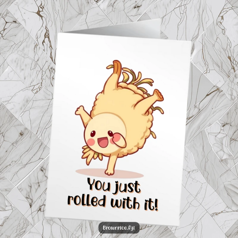 Funny Free Printable Congrats Card: Brown rice character performing an energetic somersault, symbolizing exciting achievements, a delightful downloadable.