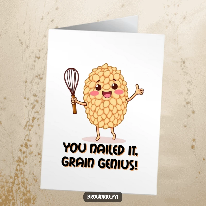 Funny Free Printable Congrats Card: Anthropomorphic rice grain mid-victory dance with a whisk, celebrating a well-deserved win.