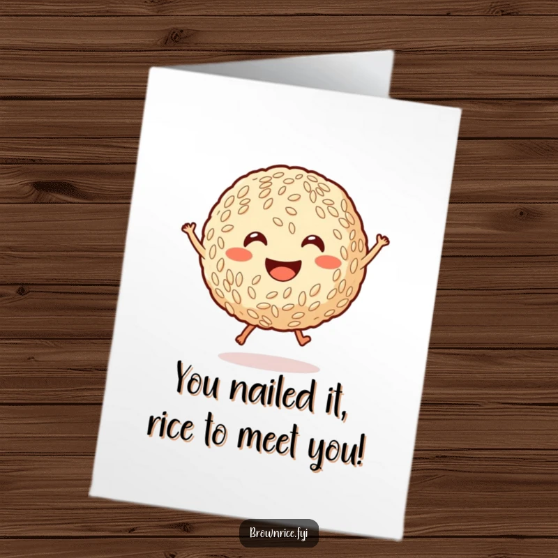Funny Free Printable Congratulations Card: A smiling brown rice ball with tiny legs jumping joyfully, celebrating success. Quick DIY.
